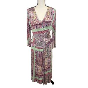 Etro Milano Multicolor Printed Long Sleeve Drape Front Maxi Dress